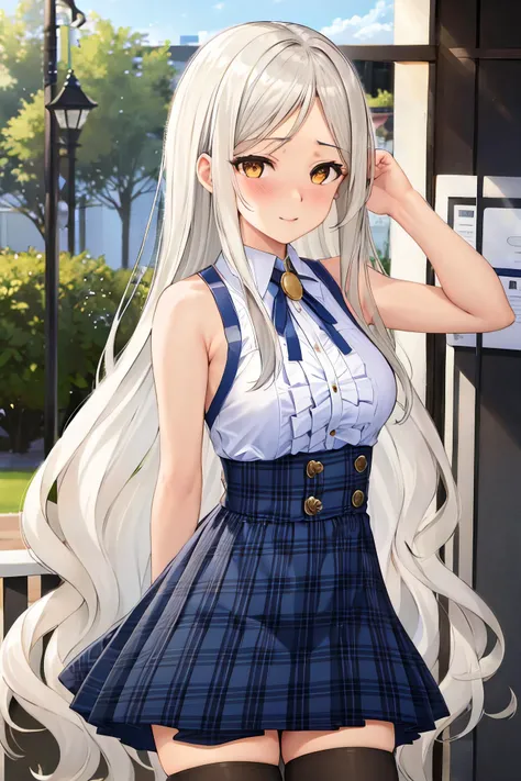 masterpiece, (best quality), 1woman,1girl ,violet_flodt, long hair, white hair, brown eyes, yellow eyes , white shirt, ,white skirt, pleated skirt, black thighhighs, bare shoulders, medium breasts,,sexy woman, zettai ryouiki, parted bangs, jewelry, ribbon, adult, blush vibrant colors ,,natural lighting ,RTX, hair between eyes , beautiful, (detailed face:1.2), showcase, (perfect eyes:1.1) ,(photorealistic:1.1), 8k uhd, looking at viewer, outdoors, simple backround