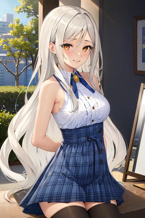 masterpiece, (best quality), 1woman,1girl ,violet_flodt,    long hair, white hair,   brown eyes, yellow  eyes , white shirt, ,white skirt, pleated skirt, black thighhighs, bare shoulders,     medium breasts,,sexy woman, zettai ryouiki, parted bangs, jewelry, ribbon, adult, smile, happy,  vibrant colors ,,natural lighting  ,RTX, hair between eyes , beautiful, (detailed face:1.2), showcase, (perfect eyes:1.1) ,(photorealistic:1.1), 8k uhd,  looking at viewer,  outdoors,  simple backround