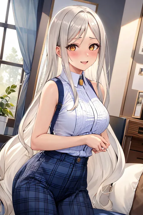 masterpiece, (best quality), 1woman,1girl ,violet_flodt, long hair, white hair, brown eyes, yellow eyes , black sweater, ,pants, white shirt, medium breasts,,sexy woman, parted bangs, jewelry, adult, blush , happy, vibrant colors ,,natural lighting ,RTX, hair between eyes , beautiful, (detailed face:1.2), showcase, (perfect eyes:1.1) ,(photorealistic:1.1), 8k uhd, looking at viewer, indoors, simple backround