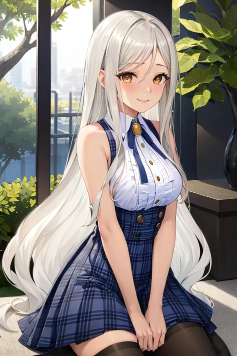 masterpiece, (best quality), 1woman,1girl ,violet_flodt,    long hair, white hair,   brown eyes, yellow  eyes , white shirt, ,white skirt, pleated skirt, black thighhighs, bare shoulders,     medium breasts,,sexy woman, zettai ryouiki, parted bangs, jewelry, ribbon, adult, smile, happy,  vibrant colors ,,natural lighting  ,RTX, hair between eyes , beautiful, (detailed face:1.2), showcase, (perfect eyes:1.1) ,(photorealistic:1.1), 8k uhd,  looking at viewer,  outdoors,  simple backround