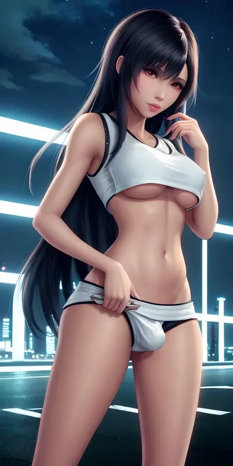 Futanari, ultra-detailed, illustration,Beautiful black Long Hair to waist,blunt bangs,open-leg,short T-shirt,bottomless, solo, full body, colored sneakers, asphalt, standing, masturbation, best penis,erection,precum, frenulum,testicles,nipples,nipple sunken, medium breasts,skinny,testicle,glans,light skin,makeup,beauty face,light skin,beauty eyes,beauty breast,beauty penis, narrow waist, outdoors, beautiful detailed cityscape,walking, urban scenery, night, neon lights, glowing, lively atmosphere, urban fashion, Tokyo,,masterpiece,<lora:tifaMeenow_tifaV2:0.65>,<lora:estheticFutanariTrap_tr39:0.35>