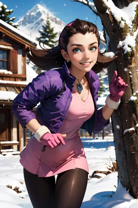 tron_bonne_megamanl, green eyes, brown hair, gloves, hairband, jewelry, pantyhose, pink gloves,purple jacket, hair pulled back, looking at viewer, smiling, happy, visible breath,
outside, snow, trees, snowing, mountain, playful pose, extreme detail, hdr, fantasy quality, masterpiece,  <lora:Tron_Bonne_MegaMan_Legends_V-08:.8>