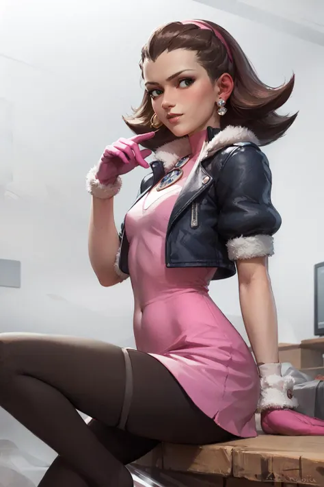(masterpiece, best quality:1.2), <lora:style_tarakanovich-20:1>, <lora:tronBonneMegaMan_v10:0.7>, solo, 1girl, tron_bonne_megamanl, looking at viewer, sitting, hand on own face, brown hair, hair pulled back, hairband, green eyes, cropped jacket, pantyhose, pink gloves, jewelry, earrings