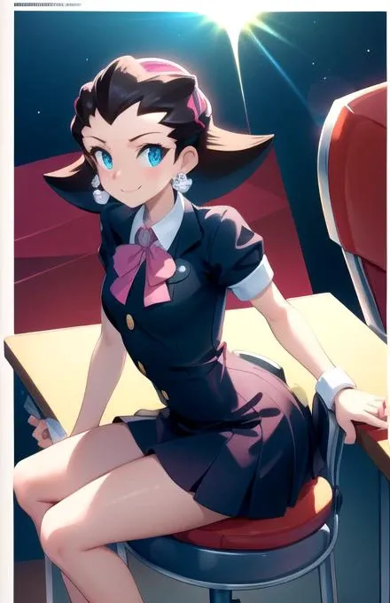 <lora:Tron_Bonne_MegaMan_Legends_V:1> tron bonne, masterpiece, best quality, ultra-detailed, illustration, 1girl, solo, bokeh, Depth of field, Cinematic Light, Lens Flare, soft light, ray tracing, school uniform, white shirt, tie, sitting on chair, heart clip, earings, smile, happy, <lora:epi_noiseoffset2:1>