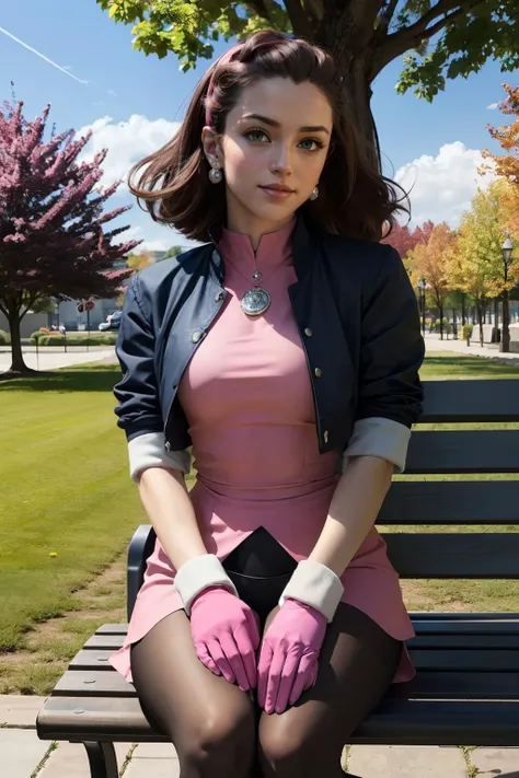 tron_bonne_megamanl, woman, green eyes, brown hair, gloves, hairband, jewelry, cropped jacket, pantyhose, pink gloves, hair pulled back, looking at viewer, serious, happy,(blush:1.2)
sitting, on bench, park, tree, blue sky, changing season, summer to fall, extreme detail, hdr, realistic quality, <lora:Tron_Bonne_MegaMan_Legends_V:.8>