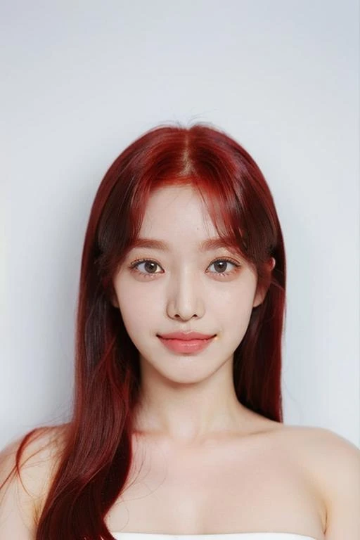 (masterpiece, top quality, best quality, (close-up photograph: 2), ((1girl)), korean, fair skin, (extremely detailed face), ((looking at viewer)), ((((ultra-detailed eyes and pupils)))),((((ultra-detailed lips)))) cheekbone, plump cheeks, ((bare pectorals)), ((bare chest)), ((tube dress)), bare head, ((bare shoulders)), symmetrical frame, (((strapless))), ((closed lips)), (((smile))), ((symmetrical pose)), (symmetrical face: 1.6), 35mm, ((((minimal plain white background)))), ((dim lighting)), (((red hair))), no watermark, ((long hair)), <lora:chanmilorashy:1>