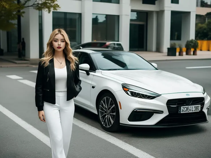 <lyco:Car_model:0.8> cmod,1girl,full body, vehicle focus, solo, car, white pants, blonde hair, jewelry, motor vehicle, pants, long hair, necklace, ground vehicle, black footwear, high heels, sports car, standing, jacket, shirt <lora:koreanDollLikeness:0.75>