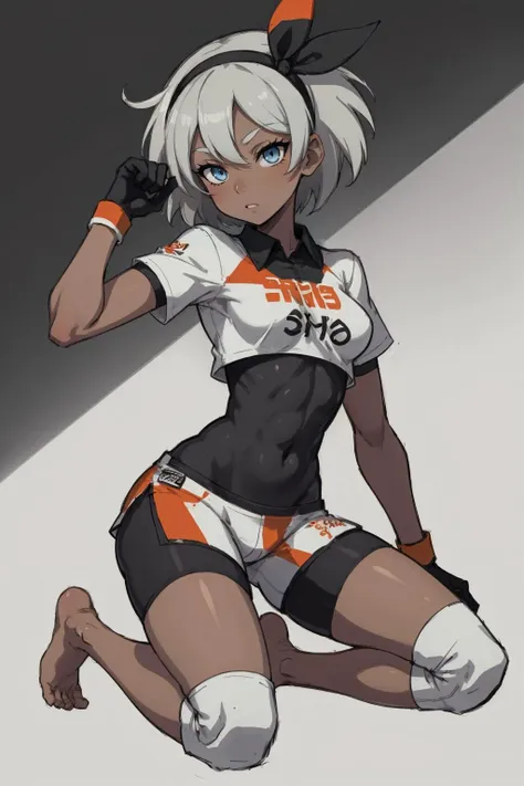 bea, dark-skinned female, dark skin, short grey hair, black hairband, blue eyes, covered navel, collared shirt, print shirt, gloves, short sleeves, print shorts, black bodysuit under clothes, barefoot, wristband, single glove, knee pads,<lora:bea:0.7>, jumping, bent legs,<lora:detail_slider_v4:-2>