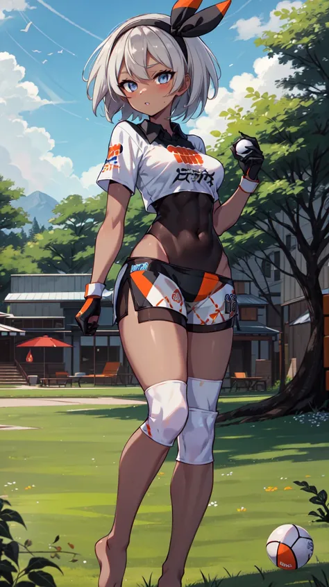 <lora:bea (1):1>,bea,1girl,solo,breasts,looking at viewer,short hair,bangs,blue eyes,shirt,gloves,holding,short sleeves,grey hair,hairband,parted lips,shorts,barefoot,collared shirt,dark skin,feet,dark-skinned female,grey eyes,bodysuit,covered navel,toes,soles,black hairband,wristband,single glove,poke ball,black bodysuit,holding poke ball,tied shirt,knee pads,print shirt,bodysuit under clothes,dynamax band,print shorts,ultra ball,grass,tree,outdoors,standing,