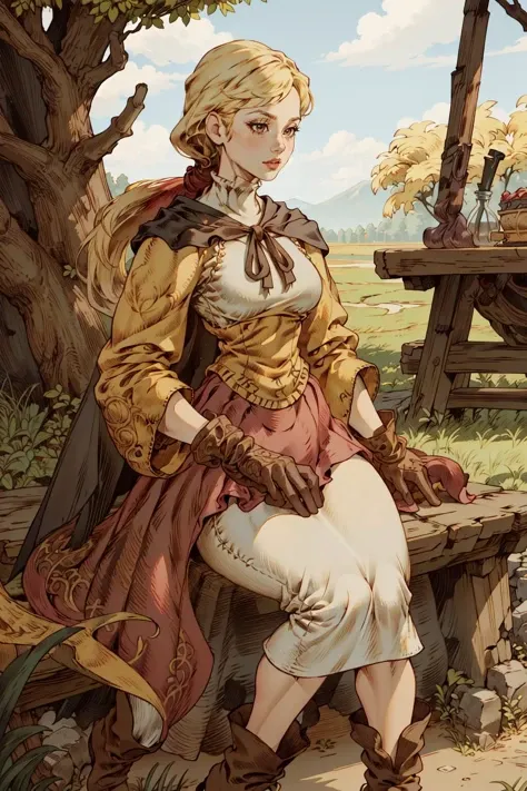 (masterpiece, best quality, absurdres, 4k, aesthetic, detailed, intricate),outside,field,sitting,1girl,AlmaFFT, long hair, (low ponytail:1.2), brown eyes, ribbon, cape, blouse, long sleeves, long red skirt, gloves, boots,blonde <lora:FinalFantasy_AlmaBeoulve:0.9> <lora:FFTJobs:0.8>