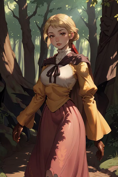 (masterpiece,best quality,absurdres,beautiful,sharp,detailed),outside,forest,dappled sunlight,1girl,almafft,long hair, (low ponytail:1.2), brown eyes, ribbon, cape, blouse, long sleeves, long skirt, gloves,blonde, <lora:FinalFantasy_AlmaBeoulve:0.9>