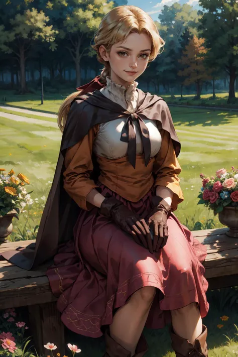 (masterpiece, best quality, 4k, detailed, intricate, realistic),outside,field,flowers,sunlight,sitting,1girl,almafft,long hair, (low ponytail:1.2), brown eyes, ribbon, cape, blouse, long sleeves, long skirt, gloves,blonde,boots,slight smile <lora:FinalFantasy_AlmaBeoulve:0.9>
