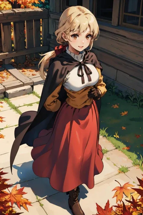 masterpiece, best quality, <lora:FinalFantasy_AlmaBeoulve:0.9> AlmaFFT, long hair, (low ponytail:1.2), brown eyes, ribbon, cape, blouse, long sleeves, (long skirt:1.2), gloves, boots, from above, smile, arms behind back, village, autumn