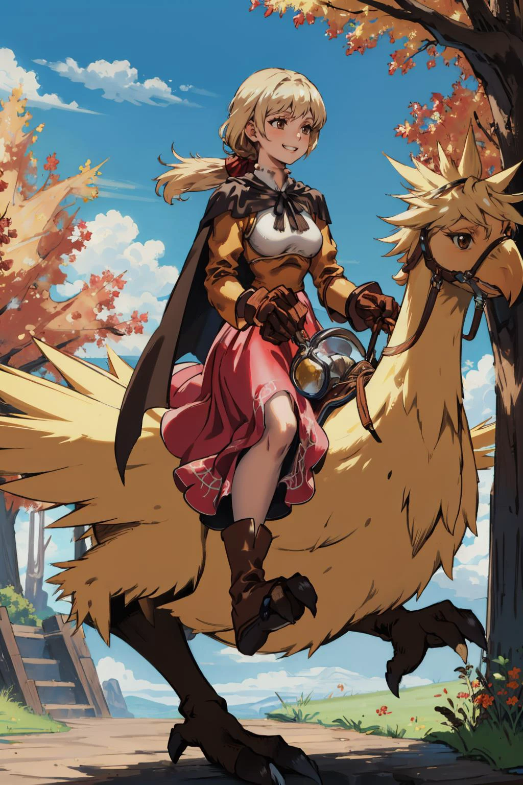 masterpiece, best quality, <lora:FinalFantasy_AlmaBeoulve:0.9> AlmaFFT, long hair, (low ponytail:1.2), brown eyes, ribbon, cape, blouse, long sleeves, (long skirt:1.2), gloves, boots, grin, autumn, forest, cobblestones, blue sky <lora:chocobo-nvwls-v1:0.8> riding chocobo, chocobo, wide shot