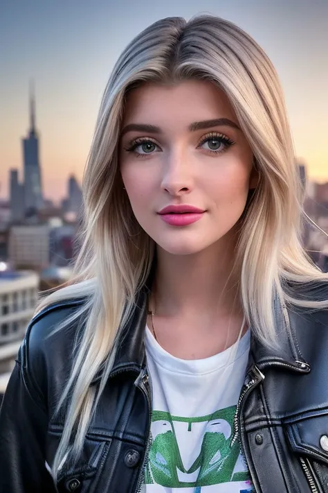 headshot of S222_SamiSheen,a gorgeous woman,in a (city:1.1),wearing a (leather-jacket:1.1),(cityscape:1.1),(happy),(8k, RAW photo, best quality, depth of field, ultra high res:1.2),(absurdres, intricate, photorealistic, masterpiece, ultra-detailed:1.3),