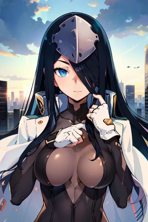 1girl, solo, (masterpiece, best quality:1.4), extremely detailed face, perfect lighting, <lora:GoodHands-beta2:0.5>, nice hands, perfect hands, <lora:pawoonekoyanagi7:1>, pawoonekoyanagi, hair over one eye, very long hair, black hair, blue eyes, bodysuit, fingerless gloves, jacket, upper body, old city, city ruins,