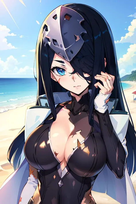 1girl, solo, (masterpiece, best quality:1.4), extremely detailed face, perfect lighting, <lora:GoodHands-beta2:0.5>, nice hands, perfect hands, <lora:pawoonekoyanagi7:1>, pawoonekoyanagi, hair over one eye, very long hair, black hair, blue eyes, scar, burn scar, bodysuit, upper body, beach, sea, outside,