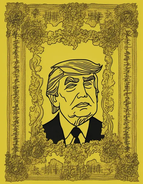 A photorealistic image of a portrait of Donald Trump printed on a yellow piece of paper. The paper should look aged, with signs of wear and tear like creases, small tears, and faded areas. The portrait itself should be detailed and capture the likeness of Donald Trump accurately. Surrounding the portrait, the paper should be filled with handwritten Chinese characters, which should be legible and evenly spaced. The overall composition should evoke a sense of history and antiquity, as if the paper has been preserved for a long time. The lighting should be soft and even, highlighting the texture of the aged paper and the details of the portrait and writing
 <lora:cnrune:0.46>,