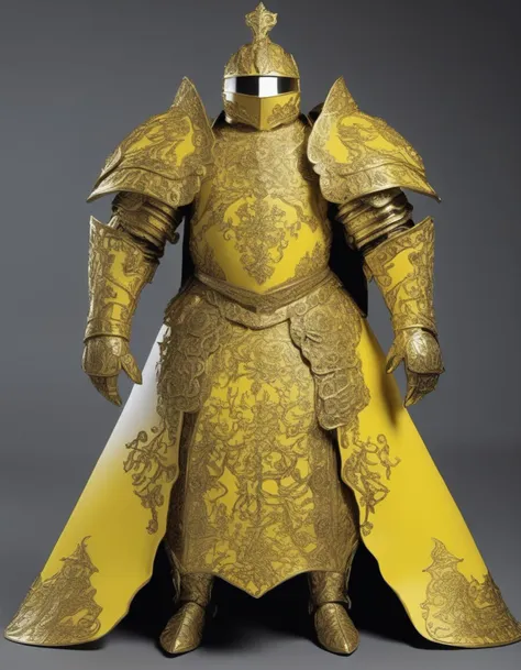 A photorealistic image of a suit of armor that is intricately adorned with 'cnrune_yellow' designs. The armor should be made of high-quality metal, shining with a polished finish. The 'cnrune_yellow' designs should be meticulously etched or embossed onto the armor, glowing with a soft yellow light. The armor should be displayed on a stand or worn by a model, and the perspective should be such that the viewer can appreciate the full detail of the 'cnrune_yellow' designs. The lighting should be well-balanced, highlighting the unique features of the armor and the glowing runes,yinyang,Tai Chi,
 <lora:cnrune:0.46>,