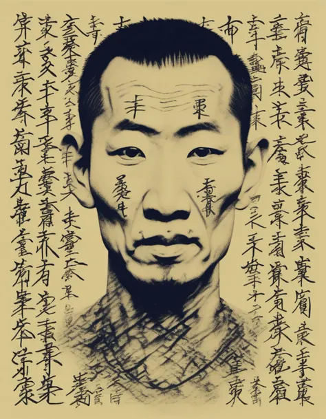 A photorealistic image of a half-body portrait of an Asian male with a menacing and malevolent expression. His eyes should be intense, and his facial features should convey a sense of danger and malice. The portrait should be printed on a yellow piece of paper that is filled with handwritten Chinese characters. The paper should appear aged and worn, with visible creases, tears, and maybe even some stains to add to the sense of antiquity. The lighting should be dramatic, casting shadows that accentuate the malevolent features of the man's face. The focus should be sharp on the man's face while slightly blurring the background text to make him stand out.
 <lora:cnrune:0.46>,