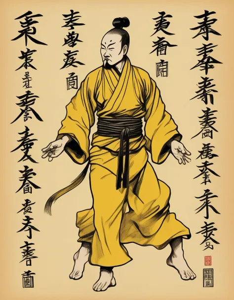 A photorealistic image of an illustration featuring a male figure in a traditional Taoist robe, striking a martial arts pose. The man should appear focused and powerful, with fluid lines and dynamic movement capturing the essence of the martial art form. The illustration should be printed on yellow paper that has an aged, weathered look to give it an antique feel. Chinese characters should be written all around the figure, filling the paper. These characters can be quotes, sayings, or descriptions related to martial arts or Taoist philosophy. The paper should have visible signs of wear and tear, like creases, stains, and slightly torn edges, to enhance the aged appearance.
<lora:cnrune:0.46>,