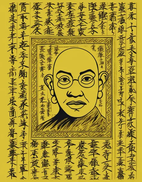 A photorealistic image of a portrait of a bald man, skillfully drawn and printed on a sheet of yellow paper. The man should have distinct facial features, capturing a specific emotion or expression. Surrounding the portrait, the yellow paper should be filled with handwritten Chinese characters in a calligraphic style. These characters can be quotes, poems, or any meaningful text. The ink of the characters should be in a contrasting color, like black or dark brown, to ensure readability against the yellow background. The lighting should be soft and even, highlighting the details of the portrait and the Chinese characters without causing glare or shadows
 <lora:cnrune:0.46>,