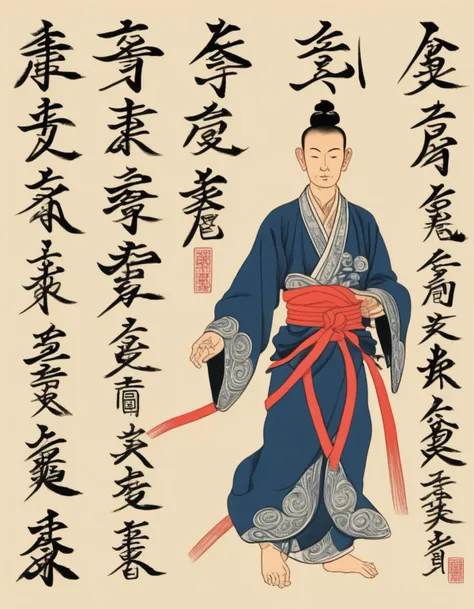 A photorealistic image of a man in traditional Taoist robes, captured in the middle of performing a martial arts stance. The man should appear focused and powerful, with his movements fluid and graceful. The image should be printed on yellow paper that looks aged and worn, adding to the antique feel. Chinese characters should fill the background of the paper, written in a traditional calligraphy style. The paper should have signs of wear and tear, perhaps some faded areas or small rips, to give it an authentic, aged look. The lighting should be soft yet sufficient to highlight the details of the man's robe and the Chinese characters.
 <lora:cnrune:0.46>,