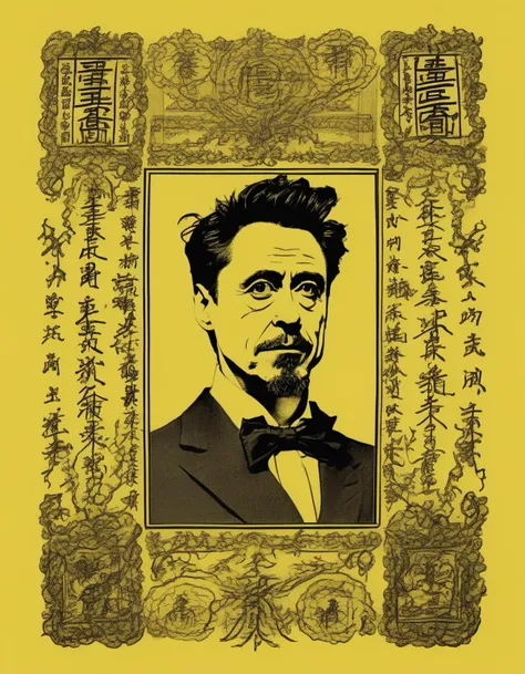 A photorealistic depiction of a portrait of Robert Downey Jr. printed on a sheet of yellow paper. The paper should appear aged and worn, with creases, small tears, and perhaps even slight discoloration to give it an antique look. The portrait of Robert Downey Jr. should be detailed and lifelike, capturing his likeness accurately. Surrounding the portrait, the paper should be filled with handwritten Chinese characters, which should be legible and artistically arranged. The overall composition should evoke a sense of nostalgia and history, as if the paper has been preserved for many years. The lighting should be soft and warm, enhancing the yellow tones of the paper and adding depth to the portrait
 <lora:cnrune:0.46>,