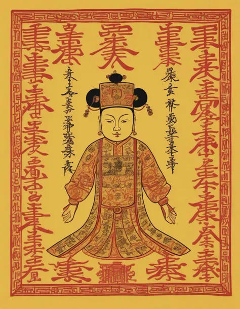 A photorealistic image of a portrait of a Chinese emperor, intricately detailed, printed on a sheet of yellow paper. The paper should appear aged and worn, with slight tears and creases to give it an antique look. The portrait should be surrounded by Chinese characters, written in a traditional calligraphy style. These characters could be poems, edicts, or any text that would be historically appropriate. The color palette should be rich and regal, with golds and reds to signify the emperor's status. The lighting should be soft and even, highlighting the texture of the paper and the details of the portrait and calligraphy
<lora:cnrune:0.46>,