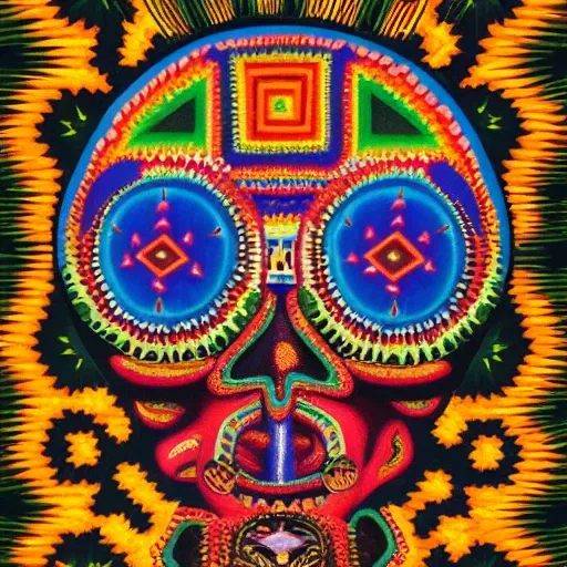 symmetrical close up face of Huichol medicine man rippled with colorful mushrooms and peyote cactus across his face in the style of Matthew barney,
 geoff darrow, gre,,smoking peace pipe with DMT and shapeshift into spirit animals totem,psychedelic,
 powerful, cinematic, beautifully lit, by donato giancola, by artgerm, by karol bak,