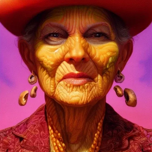 close up face of maria sabina old woman rippled with colorful mushrooms across his face in the style of Matthew barney,
geoff darrow, gre, powerful, cinematic, beautifully lit, by donato giancola, by artgerm, by karol bak, 3 d, perfect
face and body, trending on artstation, octane render, 8 k",