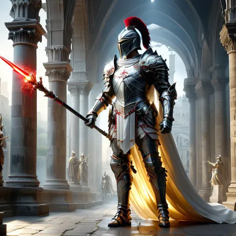 Professional ((full body shot)), cinematographic photograph of an adult beautiful Greek warrior-Goddess, she is a Greek goddess of war, she has a long skirt, exposed legs, aura of power, energy, wearing a plate silver and gold armor, wearing an open-faced Spartan helmet with red crest, holding a silver spear, glowing with golden aura, Roman architecture heaven in the background, inside gothic divine cathedral, dark eyes, highly detailed wavy long dark hair, masterpiece, highest quality, absurdres, 8k, 4k, surrounded by armored knights <lora:Soul_Knight_SDXL_-_By_HailoKnight:0.25> soul knight <lora:XL_Weapon_Spear_-_By_HailoKnight:0.85> spear  <lora:RMSDXL_EnhanceDetails:1>   <lora:XL_boss_battle:0.4>
