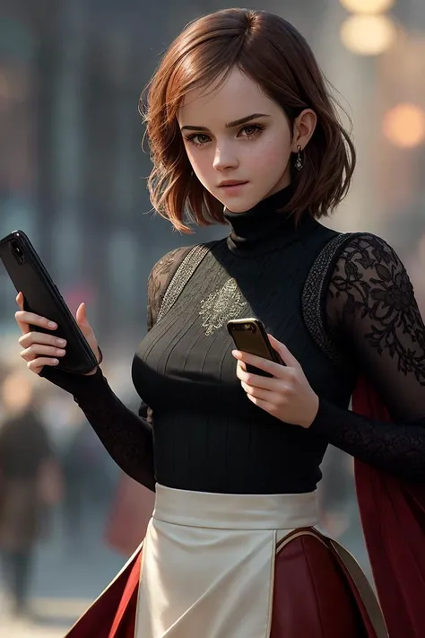 photo of extremely sexy (3mwatson2010:0.99), a woman as a sexy student, ((closeup portrait:1.2)), (long haircut:1.3), modelshoot style, (extremely detailed CG unity 8k wallpaper), photo of the most beautiful artwork in the world, professional majestic oil painting by Ed Blinkey, Atey Ghailan, Studio Ghibli, by Jeremy Mann, Greg Manchess, Antonio Moro, trending on ArtStation, trending on CGSociety, Intricate, High Detail, Sharp focus, dramatic, photorealistic painting art by midjourney and greg rutkowski, (red tight turtleneck top:1.2), (long skirt:1.1), ((crowded shopping street)), (looking at viewer:1.2), (detailed pupils:1.3), (holding a cellphone:1.1)