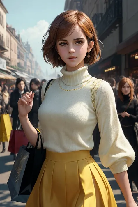 photo of extremely sexy (3mwatson2010:0.99), a woman as a sexy student, ((closeup portrait:1.2)), (long haircut:1.3), modelshoot style, (extremely detailed CG unity 8k wallpaper), photo of the most beautiful artwork in the world, professional majestic oil painting by Ed Blinkey, Atey Ghailan, Studio Ghibli, by Jeremy Mann, Greg Manchess, Antonio Moro, trending on ArtStation, trending on CGSociety, Intricate, High Detail, Sharp focus, dramatic, photorealistic painting art by midjourney and greg rutkowski, (yellow tight turtleneck top:1.2), (long skirt:1.1), ((crowded shopping street)), (looking at viewer:1.2), (detailed pupils:1.3), (holding a shopping bag:1.1)