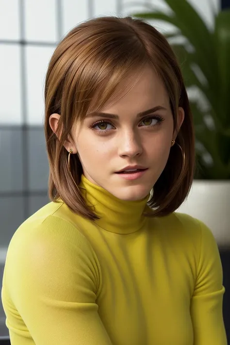 photo of extremely sexy (3mwatson2010:0.99), a woman as a sexy student, closeup portrait, long haircut, (green tight long sleeve turtleneck top), at a cantina sitting bar (masterpiece:1.5) (photorealistic:1.1) (bokeh) (best quality) (detailed skin texture pores hairs:1.1) (intricate) (8k) (HDR) (wallpaper) (cinematic lighting) (sharp focus), (eyeliner), (painted lips:1.2), (earrings), (smile512:1.1)