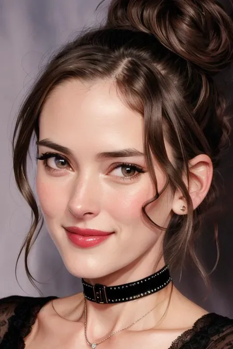 photo of winona-4300:0.99, ((closeup, portrait)), lipstick, (hair in bun, black hair),((choker)), ((nighttime)), (best quality) ((detailed eyes, detailed face, detailed skin):1.2), smile