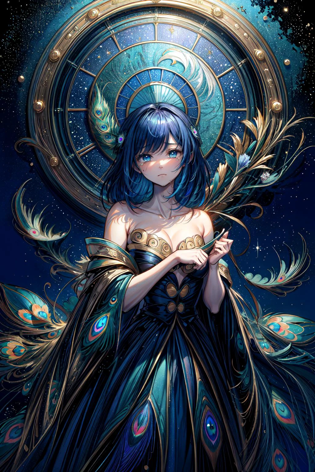 (extremely detailed CG unity 8k wallpaper),(ultra-detailed), (best illustration),(best shadow), (an extremely delicate and beautiful), (glowing background:1.33),(best art,gold ratio,:1.5),(etching:1.458),
(dark gold line,black theme,deep green theme,:1.3)
(1girl,solo,goddess,elegant, indifferent,staring into the distance,missing the past,crying bitterly,teardrops,sadness spreads,perfect detail hands,perfect detail fingers,unstoppable tears and longing,pray for loved ones far away,tears poured down,:1.4),(Peacock themed clothing:1.2),perfect detail eyes,(blue)|(blue green:1.1) ,(eyes,shiny eyes,sparkling eyes,reflection of the night sky in the eyes,tears turned into endless rivers of stars:1.3),ultimate beautiful starry sky,meteor shower,
(peacock blue theme,blue bird theme, blue magpie theme,:1.2),(bloom,an extremely delicate and beautiful:1.2),
8k,high-res,highest details,Close-up of the eyes,
, masterpiece, best quality, wide-angle Hyperdetailed, natural lighting, soft lighting, sunlight, HDR (High Dynamic Range), Maximum Clarity And Sharpness, Multi-Layered Textures,<lora:add_detail:0.6> <lora:gazebonoir:0.2> <lora:moonriver-noise:0.1> <lora:acid_fluid_lora:0.15> <lora:uv:0.0785> <lora:clock:0.2> <lora:Glitching:0.25> <lora:hairdetailer:0.8> <lora:Angewomon:0.7> <lora:GoodHands-vanilla:0.4905289> <lora:Iridescence:0.1148>