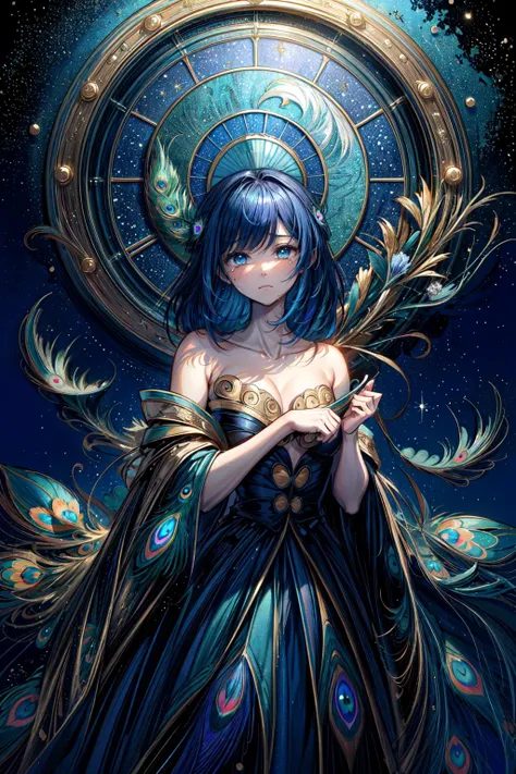 (extremely detailed CG unity 8k wallpaper),(ultra-detailed), (best illustration),(best shadow), (an extremely delicate and beautiful), (glowing background:1.33),(best art,gold ratio,:1.5),(etching:1.458),
(dark gold line,black theme,deep green theme,:1.3)
(1girl,solo,goddess,elegant, indifferent,staring into the distance,missing the past,crying bitterly,teardrops,sadness spreads,perfect detail hands,perfect detail fingers,unstoppable tears and longing,pray for loved ones far away,tears poured down,:1.4),(Peacock themed clothing:1.2),perfect detail eyes,(blue)|(blue green:1.1) ,(eyes,shiny eyes,sparkling eyes,reflection of the night sky in the eyes,tears turned into endless rivers of stars:1.3),ultimate beautiful starry sky,meteor shower,
(peacock blue theme,blue bird theme, blue magpie theme,:1.2),(bloom,an extremely delicate and beautiful:1.2),
8k,high-res,highest details,Close-up of the eyes,
, masterpiece, best quality, wide-angle Hyperdetailed, natural lighting, soft lighting, sunlight, HDR (High Dynamic Range), Maximum Clarity And Sharpness, Multi-Layered Textures,<lora:add_detail:0.6> <lora:gazebonoir:0.2> <lora:moonriver-noise:0.1> <lora:acid_fluid_lora:0.15> <lora:uv:0.0785> <lora:clock:0.2> <lora:Glitching:0.25> <lora:hairdetailer:0.8> <lora:Angewomon:0.7> <lora:GoodHands-vanilla:0.4905289> <lora:Iridescence:0.1148>