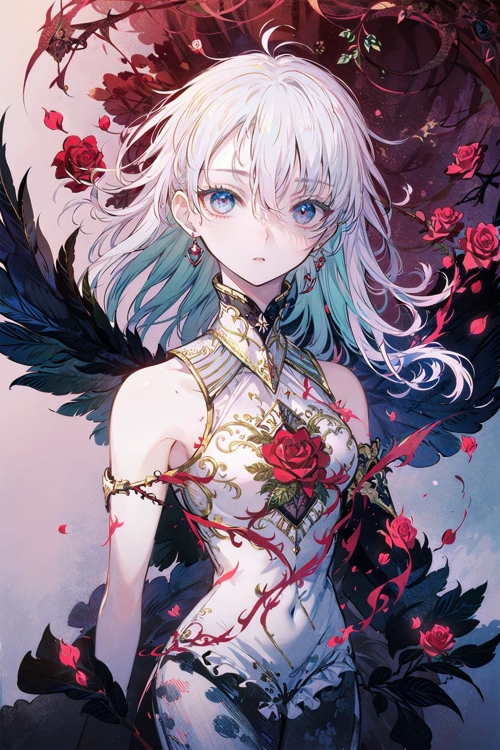 <lora:animeLineartMangaLike_v30MangaLike:1>, (extremely detailed CG unity 8k wallpaper,masterpiece, best quality, ultra-detailed), (best illumination, best shadow, an extremely delicate and beautiful), dynamic angle, floating, finely detail, Depth of field (bloom), (shine), glinting stars, classic, (illustration), (painting), (sketch),
a girl, solo, bare shoulders, flat_chest, diamond and glaring eyes, beautiful detailed cold face, very long blue and sliver hair, floating black feathers, wavy hair,
extremely delicate and beautiful girls, beautiful detailed eyes, glowing eyes,
(((rose))), (vines), cage, bandage, (redrope), <lora:Iridescence:0.7>,