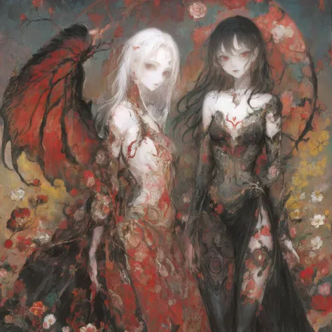 (style by NTY:1.1),Ultra-realistic 8k CG,masterpiece,best quality,style of Anne Bachelier,photorealistic,absurdres,yoshitaka amano character design,HDR,RAW photo,despair,Bokeh,raytracing,((Depth of field)),grief,detailed shadows,innocence,lustful,(highres),wind,(2girls:1.3),sun and moon motif,colorful background,black and red sun,moon in the background,panoramic view,Cinematic Lighting,intricate,highly detailed,black and red color scheme,foggy atmosphere,<lora:neg4all_bdsqlsz_V3.5:0.7>,<lora:add_detail:0.5>,((solar eclipse:1.1)),
AND 2girls,<lora:Iridescence:0.6>,hair covering eyes,red lips,(nsfw:1.2),infected face,long flowing black and red robe,white hair,pale skin,wings,flowers,(tattoo:1.1),butterfly accessory,thin and tall,standing,nude,((topless:1.1)),mysterious expression,wearing a black colorful robe,slender pale skinned body,religious vibes,butterflies fluttering,crow feathers,dark fairy tale,crow feather accessory,standing on a rocky cliff,AND 2girls,<lora:PsychoMode:0.6:lbw=DE>,black hair,long hair,pale skin,((nsfw:1.1)),nude,standing,(tattoo:1.2),(earrings:1.1),smoky eye makeup,(black perspective dress:1.3),featuring intricate floral patterns in vibrant colors,fancy see-through dress,vibrant colorful flowers,art of death and rebirth,dark eye makeup,intricate tattoos on arms and chest,bare shoulders,intricate lace dress with floral patterns,thorns,