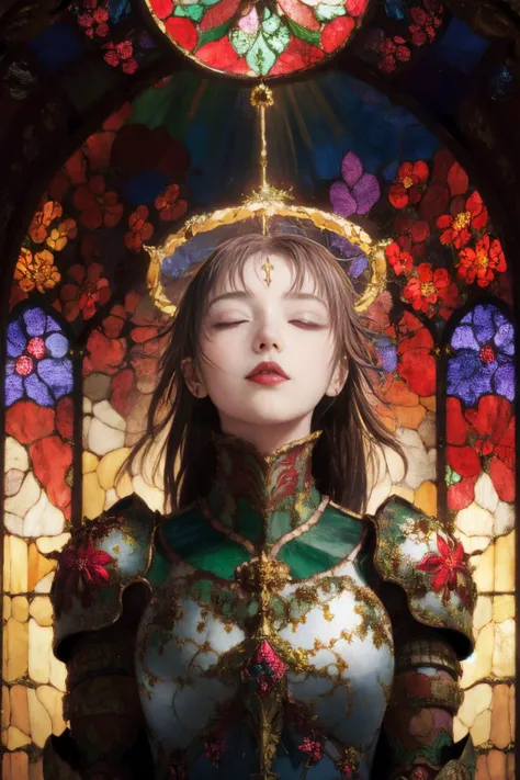 woman, princess, heroine, flower armor, iridescent armor, colorful, flowers, (halo:1.2), (looking upward:1.5), eyes closed, (stained glass background:1.2), dark background, colorful background, <lora:Iridescence:0.75>
