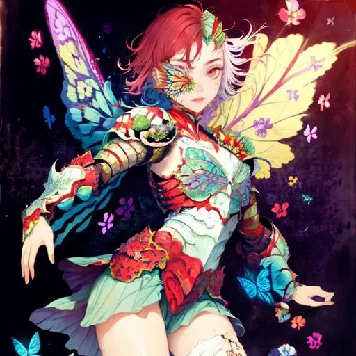 1girl, fan dance, butterfly wings, magic, WOMAN, FLOWERS, ARMOR, FLOWER ARMOR, IRIDESCENT ARMOR, RED, INFECTED FACE, DARK BACKGROUND, COLORFUL BACKGROUND, IRIDESCENT HAIR <lora:Iridescence:.75>
