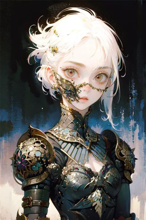 1girl, solo, portrait, white hair, woman, (infected face), flowers, iridescent armor, intricate, dark background, <lora:Iridescence:0.7>, masterpiece, best quality