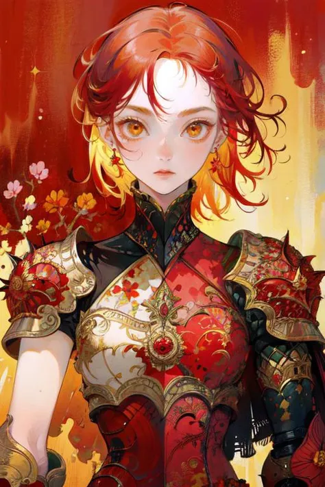 1girl, solo, portrait, red hair, yellow eyes, multicolored hair, woman, iridescent armor, intricate, red flowers, bright background, <lora:Iridescence:0.7>, masterpiece, best quality