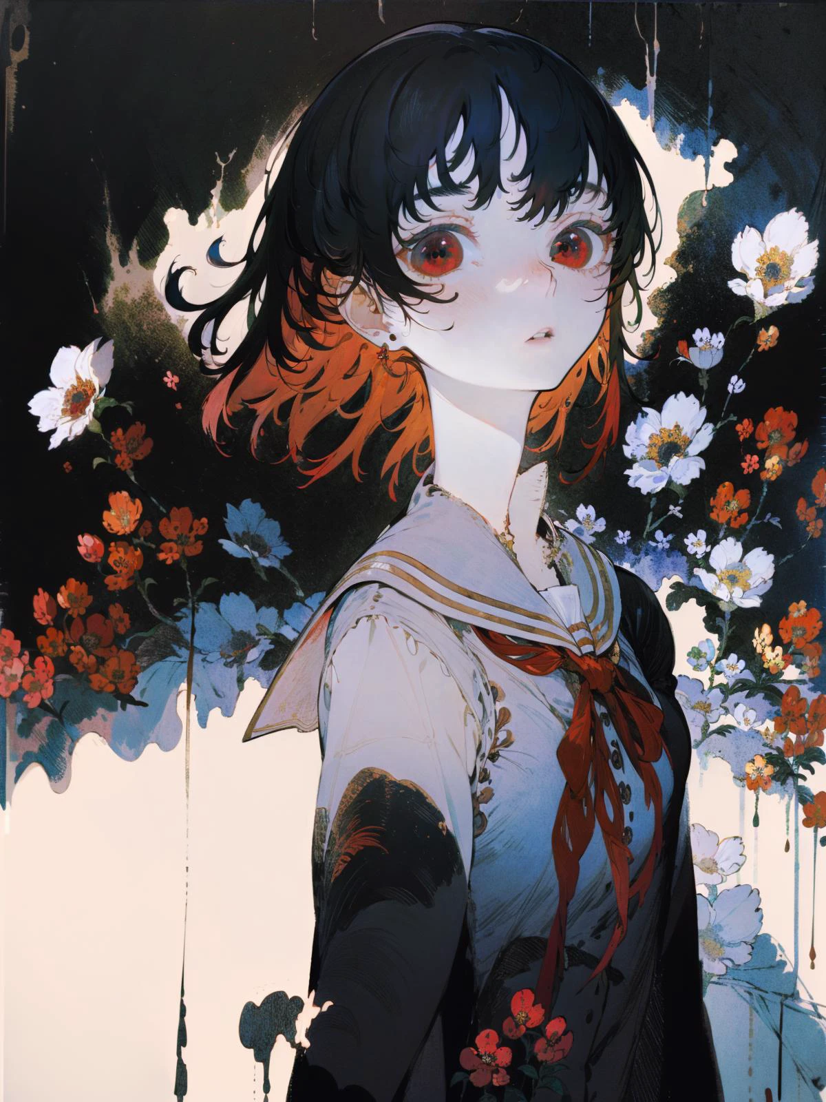 ((masterpiece)), ((ultra-detailed)), pixiv, best shadows, best lighting, best quality, absurdres, highres, cinematic shot, rim lighting, extremely detailed, 1girl, solo, black hair, school uniform, red eyes, shirt, long hair, pinafore dress, white shirt, ringed eyes, ribbon, from side, collared shirt, profile, looking at viewer, bangs, upper body, black ribbon, flower dress, sideways glance, parted lips, neck ribbon, medium hair, <lora:Iridescence:1>, iridescent hair, woman, ((flowers)), red, dark background