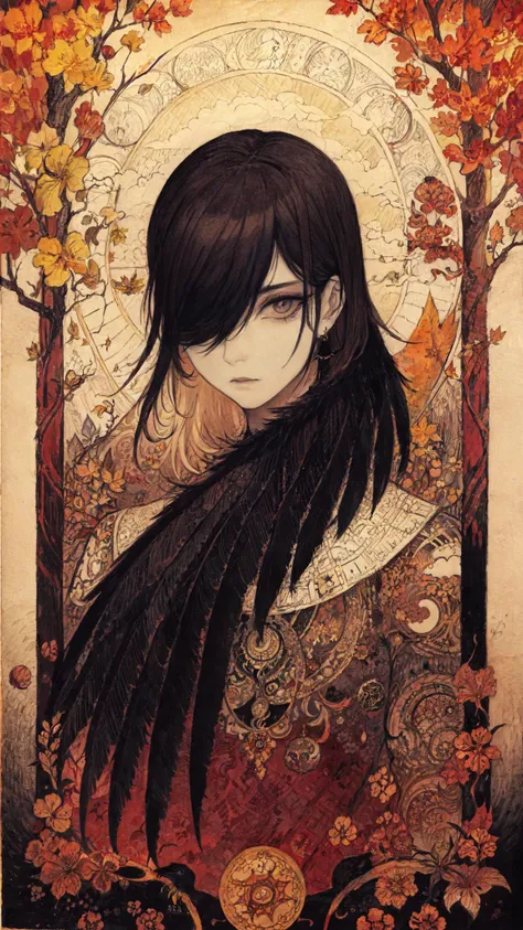 pencil painting on paper, by Harry Clark, crow giving a misterious gaze, autumn leaves, dark background, elegant and magnificent, sinister, spectral, surreal and whimsical dreamscape, masterpiece, best quality, tarot card, art nouveau, tetracolor, paper textures, golden ratio, abstract art, visually stunning, highly detailed, intricate details <lora:Iridescence:0.6>