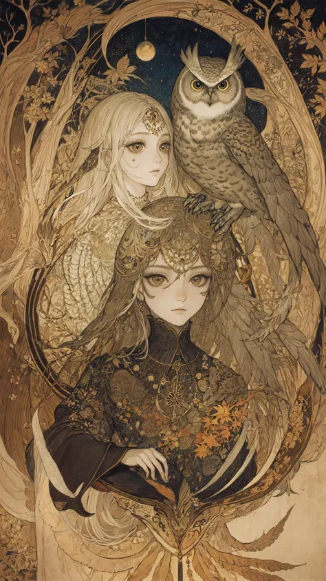 lineart, owl, misterious gaze, art nouveau, tarot, tetracolor, (elegant and magnificent:1.2), dark, dim colors, autumn theme, leaves, (paper texture:1.2), surrealism, masterpiece, best quality, highly detailed, intricate details <lora:Iridescence:0.3>