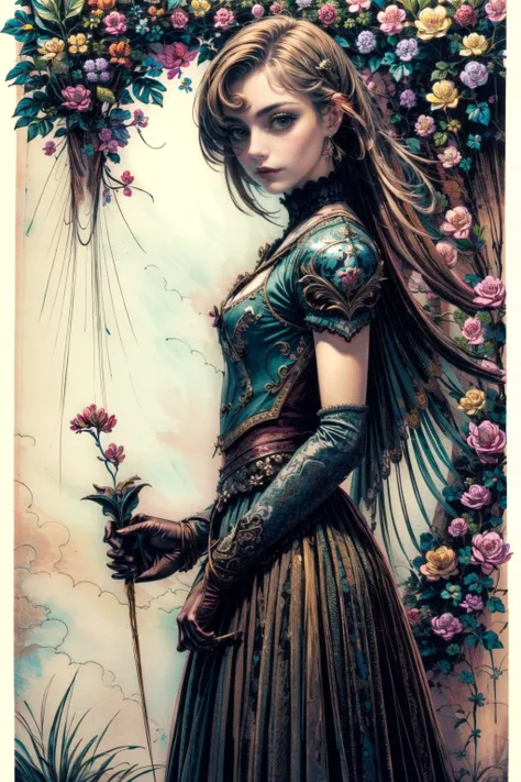 (masterpiece, best quality:1.4), (beautiful, perfect, delicate, detailed, intricate, aesthetic:1.2), nsfw, (style of Alberto Seveso:1.4), (illustration art:1.4), BREAK, [woman | Plant:15], dark background, colorful, flowers, iridescent armor, infected face, red AND black flower dress, BREAK, affinity for plants, can control their growth, shape, and even communicate with them, BREAK, manipulate their thorns and vines, command them to perform specific tasks, Waterfall braid AND Brown hair color, BREAK, Petite (smaller frame and height), visually stunning, beautiful, gorgeous, emotional, intricate, perferct shading, <lora:more_details:0.8> <lora:Iridescence:0.7>