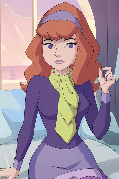 daphneblake, (8k, RAW photo, best quality, masterpiece:1.2), (intricate details), perfect eyes, perfect face, perfect lighting, beautiful, (masterpiece:1.2), (best quality:1.2), 1girl, cartoon style, solo, redhead, purple eyes, look at viewer, purple sweater, purple skirt, pink stockings, purple headband, green handkerchief, <lora:daphneblake-10:0.85>