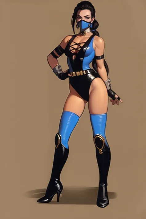 masterpiece, best quality, 1girl, kitana, kitana, mouth mask, ponytail, black long hair, fingerless gloves, blue leotard, thighhighs, boots, high heels, hands behind back, standing, solo, simple background<lora:Kitana:1>